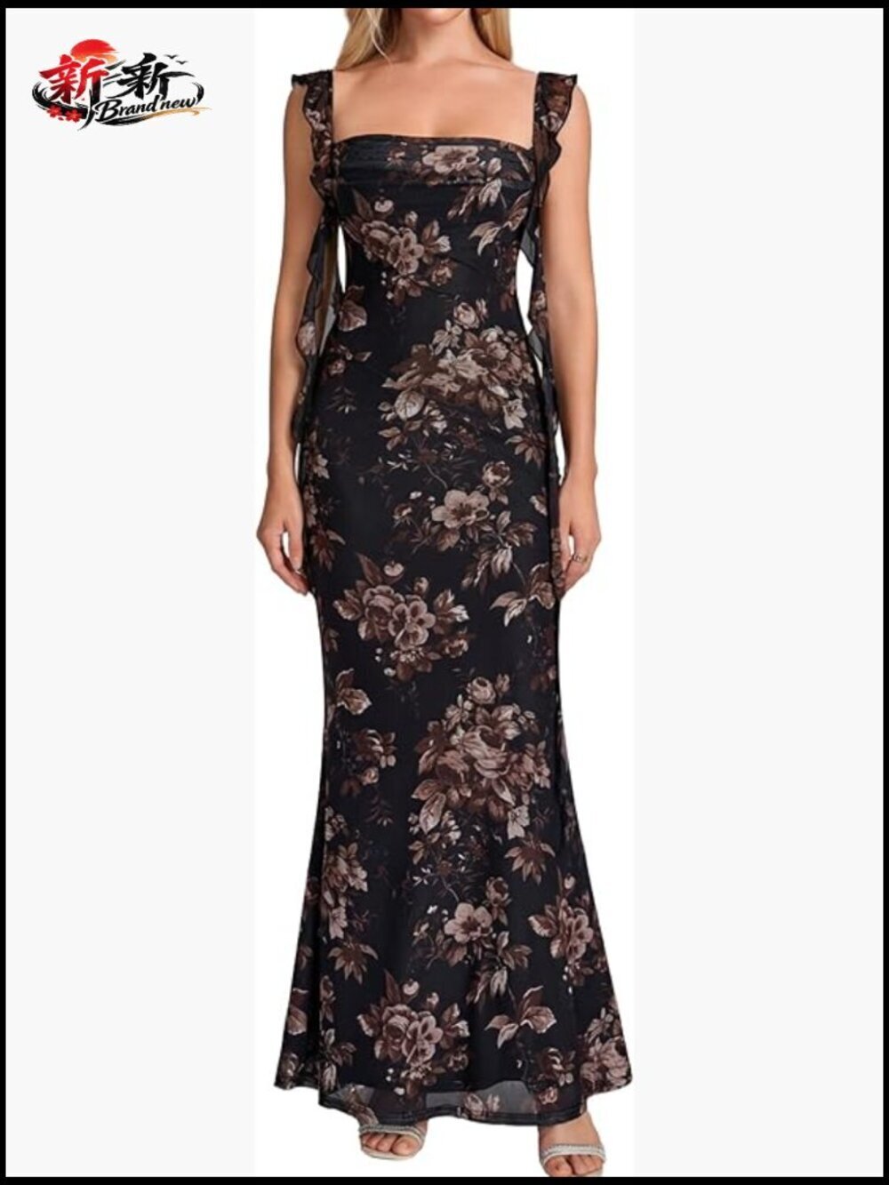Polyester Blend Bodycon Maxi Dress with Ruffle Corset and Spaghetti Straps